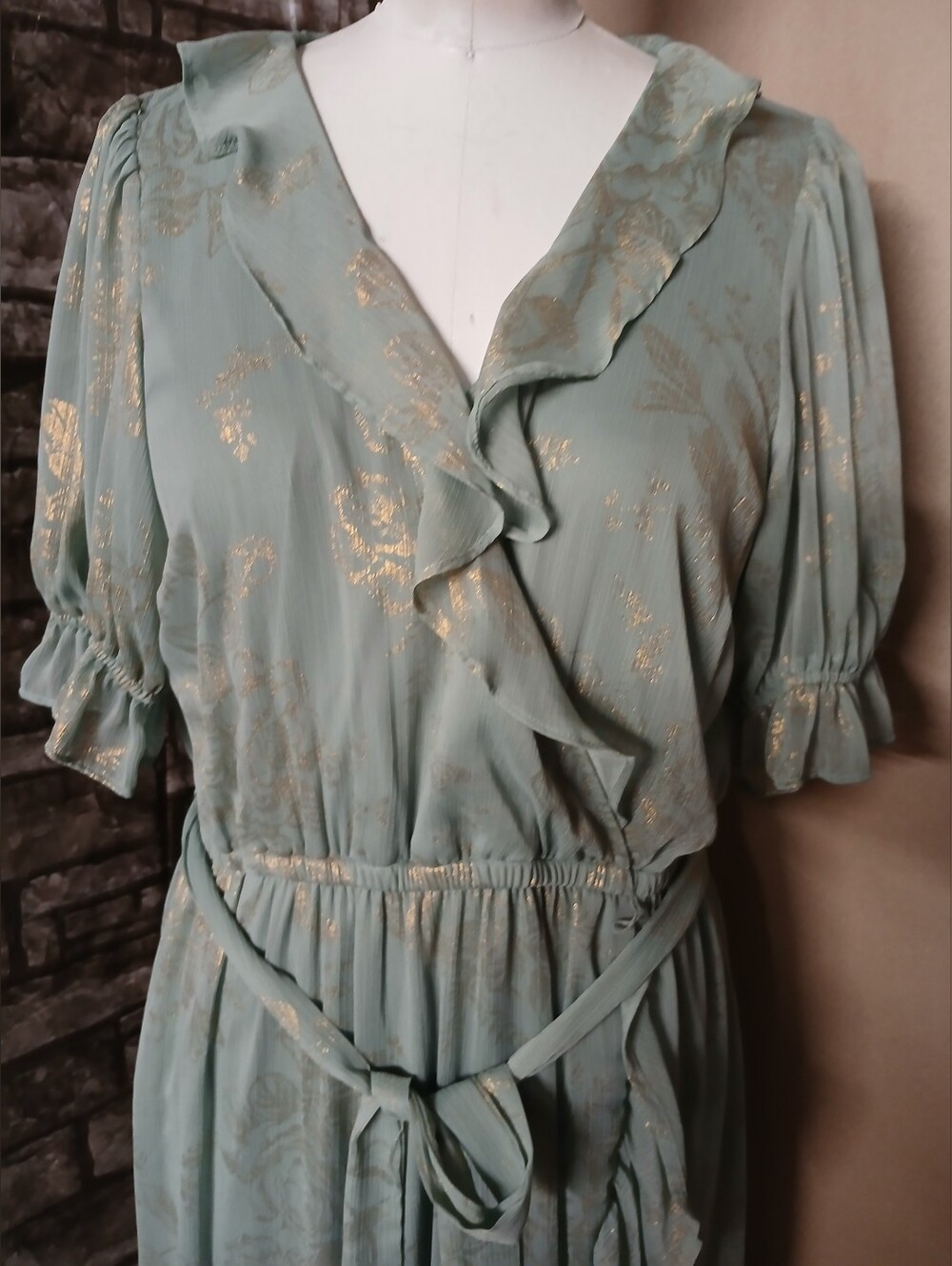 LC Lauren Conrad Sage Green Ruffle Wrap Midi Dress with Gold Accents - Picture 2 of 10